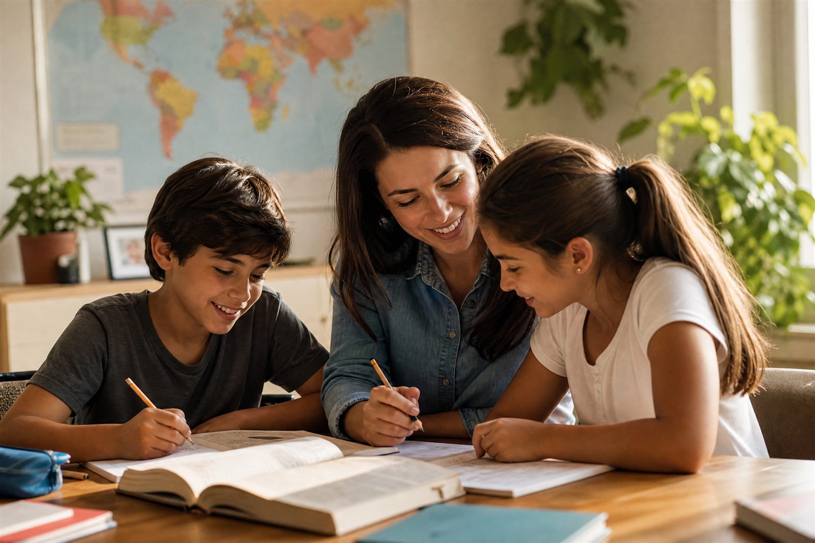 Mother and children studying together at home